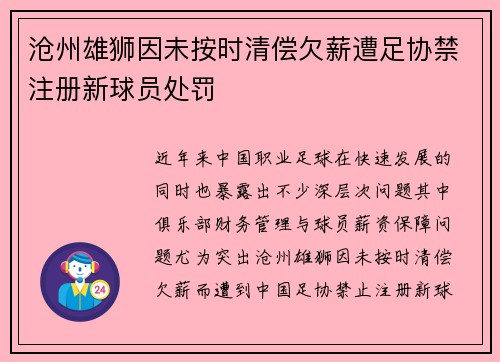 沧州雄狮因未按时清偿欠薪遭足协禁注册新球员处罚
